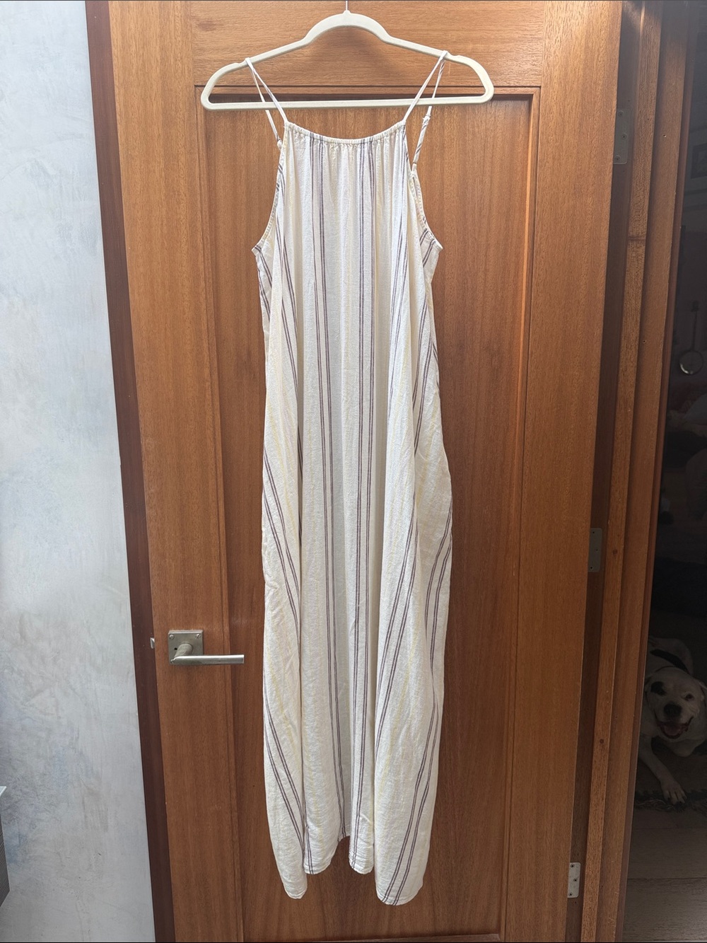 Cream Stripe Spaghetti‑Strap Maxi Dress with Pockets